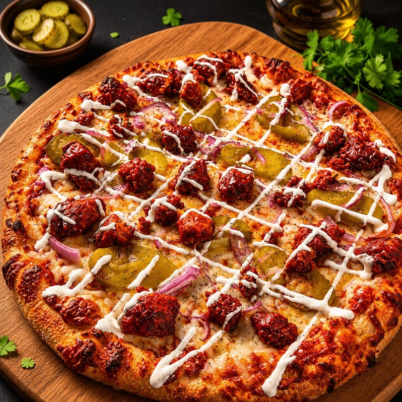 A whole pizza with red chicken, pickles, red onions, and white sauce on a wooden board.