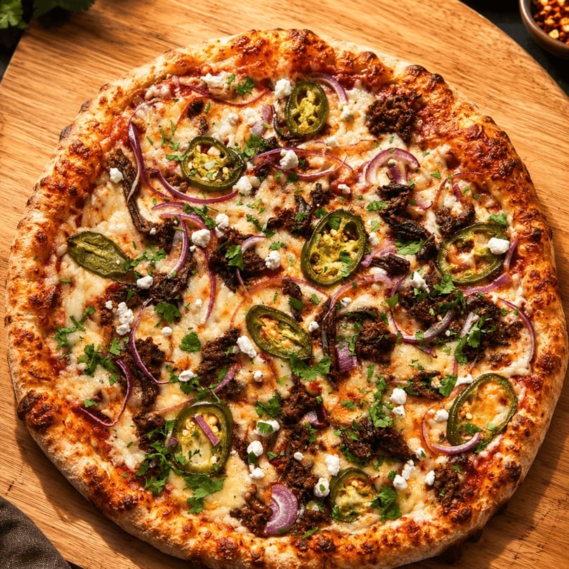 A whole pizza with cheese, ground meat, red onions, jalapeños, and cilantro on a wooden board.