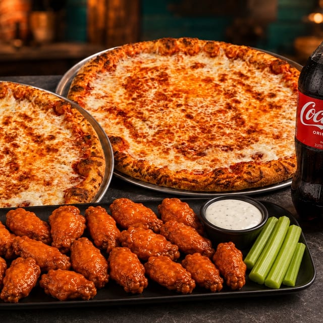  2 Large Cheese Pizzas + 20 Wings + 2 Liter Soda $39.99.