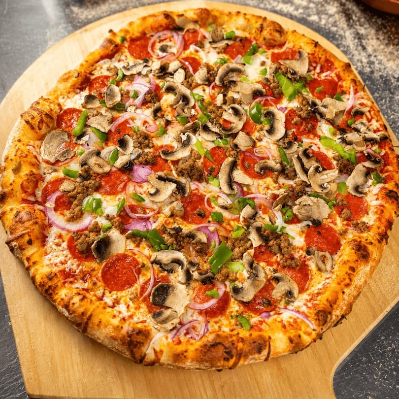 A whole supreme pizza with pepperoni, sausage, mushrooms, green peppers, and red onions.