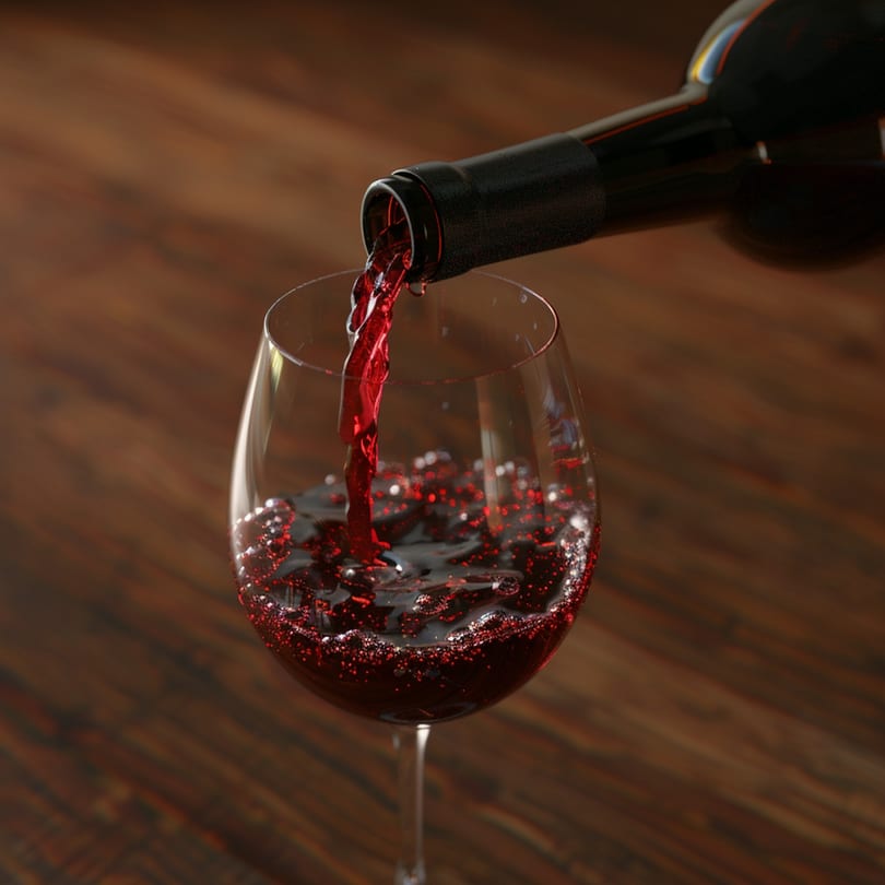 Red wine pouring from a bottle into a glass, creating bubbles on a dark wooden table.